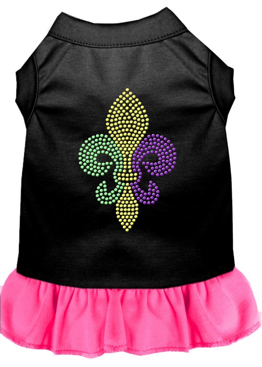 Mardi Gras Fleur De Lis Rhinestone Dress Black with Bright Pink XS